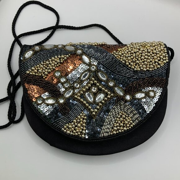 Towanny Vintage Black Sequin Beaded Embellished Handbag Crossbody - Picture 1 of 8